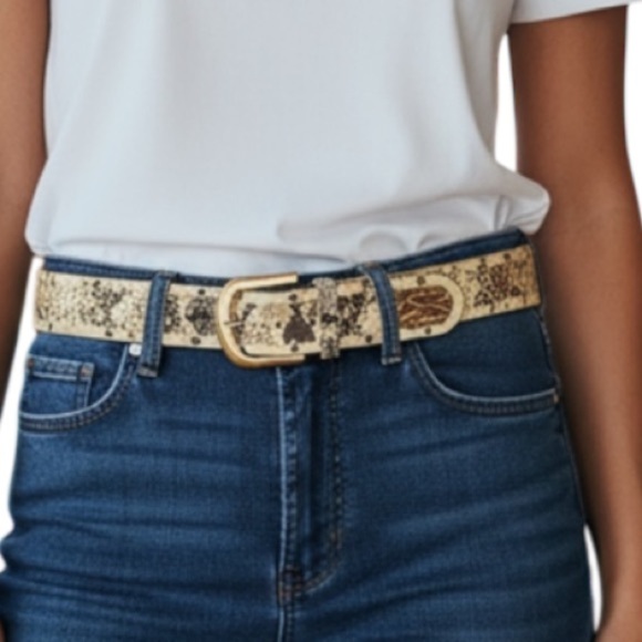 PUNTO FIBBIA Snakeskin Print Genuine Leather Wide Belt Rounded Gold Buckle L - Picture 1 of 10